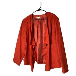 DRESSBARN Faux Suede Waterfall Cascade Collar Open Front Orange Red Blazer 18/20